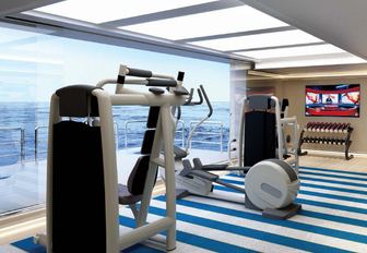 gym on board charter yacht AQUARIUS with drop-down terrace