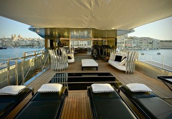 sunpads and seating on the sundeck of motor yacht Sarastar