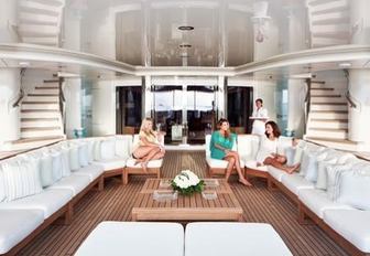people sitting in alfresco social area on main deck aft of luxury charter yacht lady E