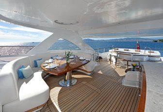 shaded dining area on the sundeck of motor yacht SOLIS 