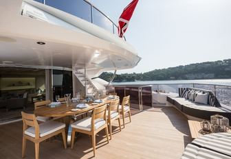 alfresco dining area on the upper deck aft of charter yacht THUMPER