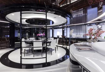 The black and white gloss finishings featured around the interior of motor yacht MYSKY