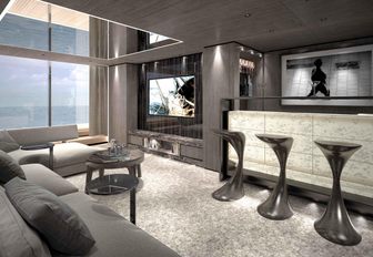 bar with modern bar stools and sofa nearby on board luxury yacht Solo 