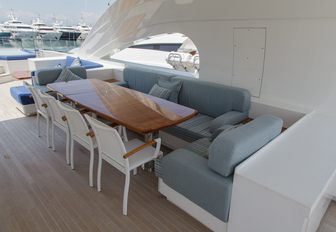 seating area under the shade of the radar arch on the sundeck of superyacht ‘I Sea’ 