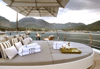 sunpads surrounding the sundeck Jacuzzi on board luxury yacht Orient Star