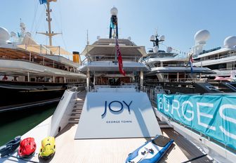 view of swim platform of charter yacht JOY when at the MYBA Charter Show in Barcelona, Spain
