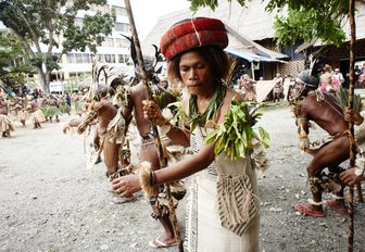 a traditional dancing group from Temotu province performs at the museum area in Honiara, Solomon Islands