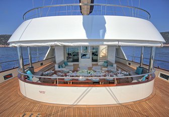shaded alfresco dining area on the upper deck aft of charter yacht MEIRA 