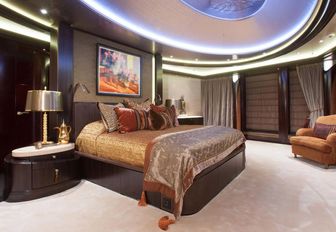 master suite with full-length windows on board superyacht Kismet