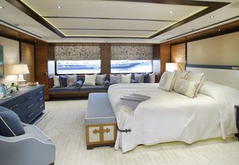light and airy master suite with beach house themed styling on board charter yacht Baton Rouge 