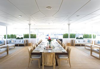 expansive alfresco dining area on Owner's deck aft aboard charter yacht ‘Indian Empress’ 