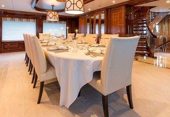 The formal interior dining area of luxury yacht 'Remember When'