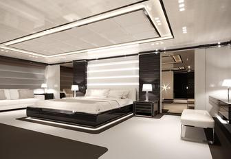 monochrome-styling in the master suite of motor yacht O’Mathilde 
