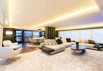 spacious main salon with sumptuous lounge and dining aboard luxury yacht SAHANA 