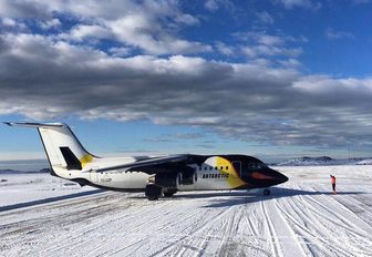 Airplane with penguin motif in Antarctica