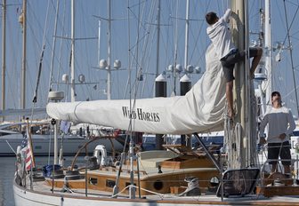 superyachts, including sailing yacht Wild Horses, line up in Newport Shipyard for the Candy Store Cup
