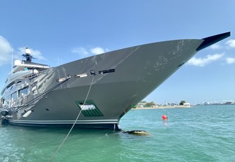 the sharp and sleek bow of a luxury superyacht that is debuting at the miami yacht show 2020