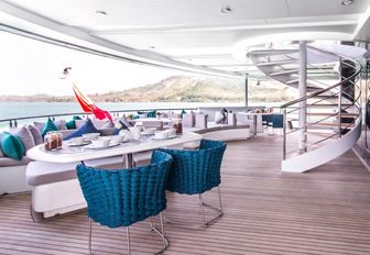 seating and tables on the aft deck of luxury yacht SALUZI 