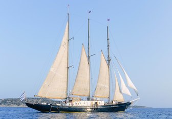 classic yacht Sir Winston Churchill anchors on a yacht charter in Greece