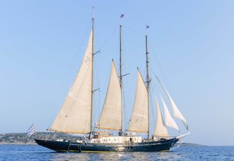 classic yacht Sir Winston Churchill anchors on a yacht charter in Greece