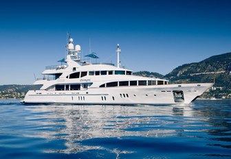 motor yacht Domani anchors on a luxury yacht charter