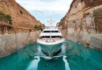 charter yacht O'PTASIA cruising through the Corinth Canal on a Greece yacht charter