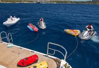 water toys are unloaded onto the swim platform of superyacht ‘Ionian Princess’ 