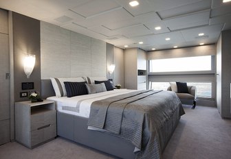 master suite with grey colour palette on board superyacht Cheers 46 