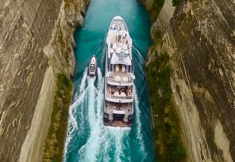 superyacht Gene Machine cruising through the Corinth Canal