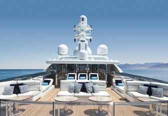 lounging areas on the sundeck of motor yacht TITANIA with enclosed gym in the background