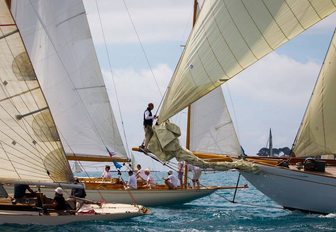 Crew securing the spinnaker at the classic Les Voiles d'Antibes yacht race