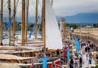 Classic yachts berthed in Antibes harbour during Les Voiles d'Antibes