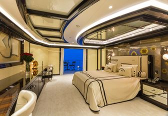 full-beam master suite with drop-down balcony aboard luxury yacht OKTO 