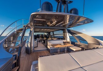 View inside motor yacht BEYOND, tables and chairs visible