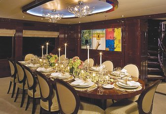 formal dining in main salon aboard charter yacht ‘Lady Joy’ 