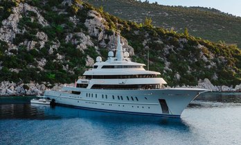 Charter yacht VICTORIOUS at anchor in bay