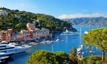 Elevated view of the coastline surrounding Portofino