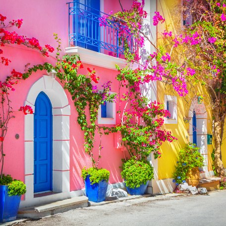 A bright pink building in Greece