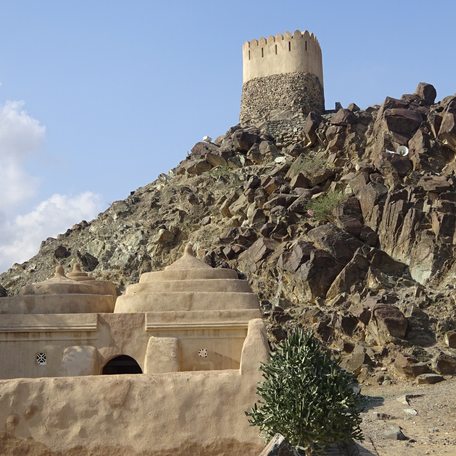 Aerial view of the Watch Tower and the Al Bidyah Mosque located in the small emirate of Fujairah.