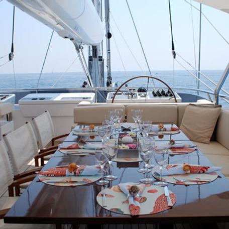 Dining area onboard charter yacht PRANA