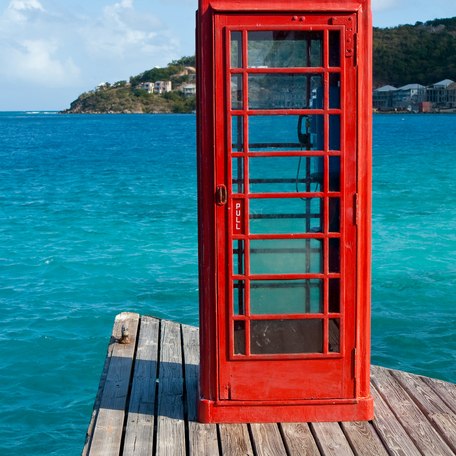 A red telephone box sat on a pontoon in the British Virgin Islands