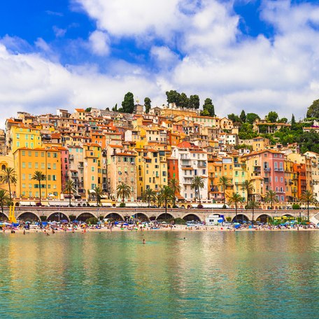 Overview of houses along the coastline of Menton in the South of France