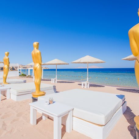Golden statues on the beach at Cannes during the Cannes Film Festival