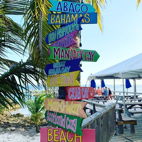 Colorful sign post pointing to different places in the Bahamas 
