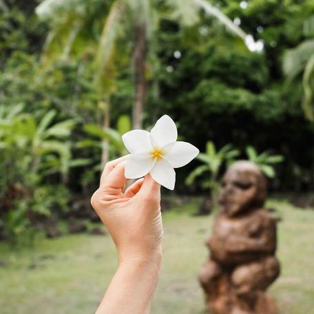 Tahiti - 'Ārahurahu Marae flower and statue