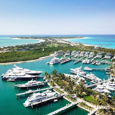 View of Baker's Bay in Great Guana Cay where lots of yachts are docked 
