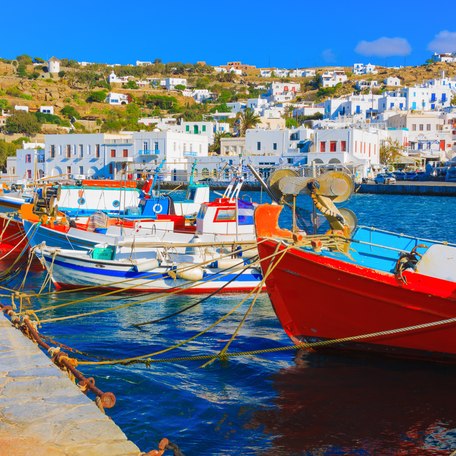 Line up of berthed boats in Mykonos harbor