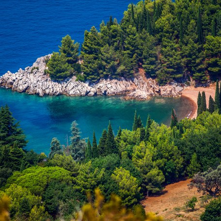 Elevated view of a coastline in Montenegro with lush green trees