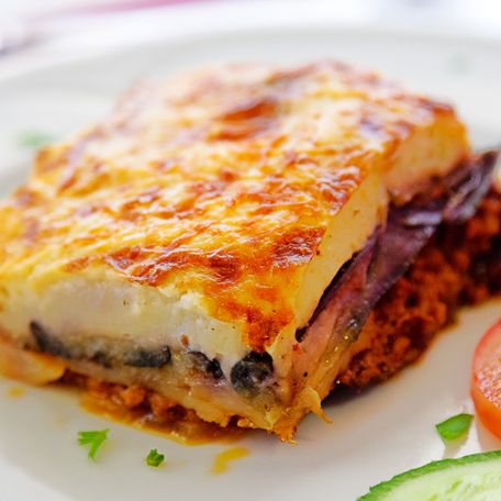 A plate with a serving of moussaka