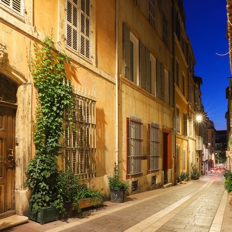 The old street in the historic quarter Panier of Marseille in South France in the evening.